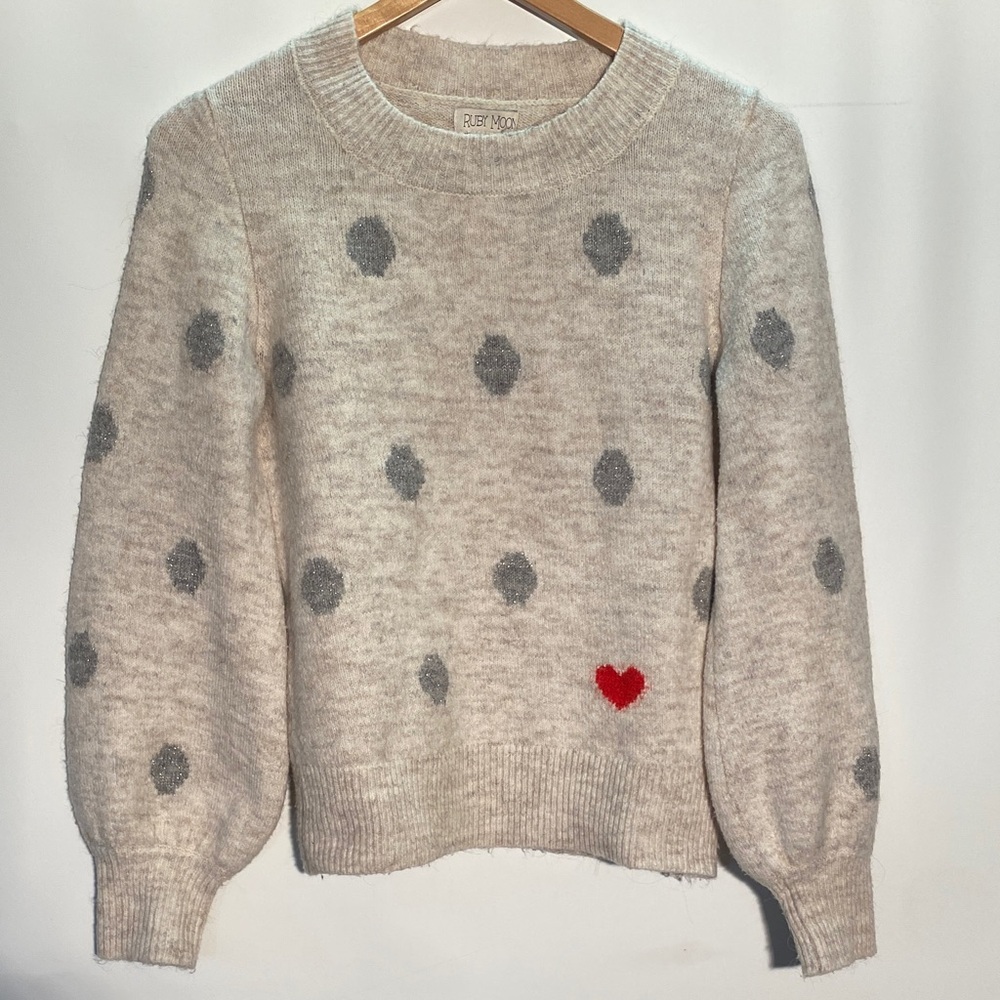 Ruby Moon Oatmeal Sweater with Gray Dots and Red Heart